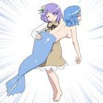  back barefoot blue_hair breasts brown_dress closed_eyes commentary_request dress emphasis_lines flower hair_flower hair_ornament hanging_breasts head_fins large_breasts long_sleeves mermaid monster_girl multiple_girls nude one_eye_closed open_mouth purple_eyes purple_hair shirosato smile spanking touhou tsukumo_benben wakasagihime 
