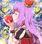  aikatsu! aikatsu!_(series) apple blush clearite closed_eyes crown dress food fruit hikami_sumire kiss long_hair object_kiss purple_hair solo 