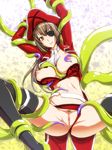  1girl amagi_brilliant_park belt bikini blush boots breasts brown_eyes brown_hair censored cleavage ebido eyepatch hat highres jacket large_breasts legs long_hair long_sleeves navel nipples open_clothes pirate pirate_hat pussy red_bikini red_jacket sento_isuzu solo swimsuit tentacle thigh_boots thighhighs thighs 