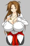  breasts brown_eyes brown_hair cleavage cleavage_reach clothes_around_waist cowboy_shot ego_trigger grey_background huge_breasts long_hair matsu-sensei mattie_(ego_trigger) one_eye_closed original shirt slender_waist smile solo sweater_around_waist unbuttoned 