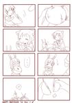  2girls animal_ears apple bad_id bad_pixiv_id blush bunny bunny_ears bunny_tail comic couple directional_arrow food fox fox_ears fruit fud fukuji_mihoko heart kemonomimi_mode monochrome multiple_girls o_o saki school_uniform short_hair spoken_heart tail takei_hisa yuri |_| 