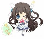  ;d apron black_hair blue_eyes blue_skirt bow chibi frills full_body hair_ornament hairpin index_finger_raised itou_noiji kamisama_to_unmei_(series) kamisama_to_unmei_kakumei_no_paradox long_hair mary_janes official_art one_eye_closed open_mouth pink_bow saotome_liliel shoes skirt smile solo standing standing_on_one_leg thighhighs white_background white_legwear wrist_cuffs 
