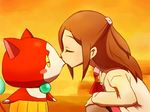  blush_stickers brown_hair cat closed_eyes fire fusasa good_end haramaki jibanyan kiss long_hair nyaakb ohshioyou orange_sky outdoors palm_tree profile sky squatting tail-tip_fire tree youkai youkai_watch 