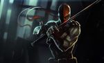  belt clenched_hand dc_comics deathstroke gloves holding holding_sword holding_weapon jimmy_xu katana male_focus mask muscle one_eye_covered ribbon solo sword weapon 