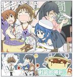  blue_eyes blue_hair commentary_request cooking crying curry double_bun elbow_gloves food gloves hachiman_(douno) hat hiei_(kantai_collection) houshou_(kantai_collection) ikazuchi_(kantai_collection) japanese_clothes kantai_collection long_hair multiple_girls pleated_skirt ponytail school_uniform serafuku skirt tears translation_request urakaze_(kantai_collection) white_hat white_legwear 