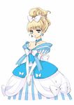  bare_shoulders blonde_hair blue_choker blue_eyes bow choker cinderella_(kamipara) dress earrings expressionless hair_bow itou_noiji jewelry kamisama_to_unmei_(series) kamisama_to_unmei_kakumei_no_paradox official_art ribbon short_hair solo strapless strapless_dress striped v_arms vertical_stripes white_background 