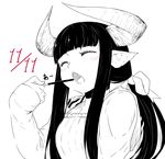  animal_ears bangs black_hair blunt_bangs blush closed_eyes dated food greyscale horned_girl_(jaco) horns jaco monochrome open_mouth original pocky pocky_day ponytail sidelocks simple_background solo spot_color upper_body white_background 