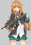  :3 :d amatsuka_mao assault_rifle astg bad_id bad_twitter_id blazer bow bowtie brown_eyes bullpup collared_shirt cowboy_shot fang gj-bu green_skirt grey_background gun hair_flaps jacket kel-tec_rfb long_hair open_mouth orange_hair plaid plaid_skirt pleated_skirt price_tag red_bow red_neckwear reflex_sight rifle school_uniform shirt simple_background skirt smile solo standing tooth v-shaped_eyebrows weapon white_shirt 