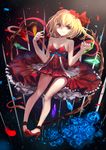  alternate_costume bare_arms bare_shoulders blonde_hair blue_flower blue_rose bow collarbone dress flandre_scarlet flower hair_bow high_heels highres petals red_dress red_eyes rinaka_moruchi rose side_ponytail smile solo strapless strapless_dress touhou wings 