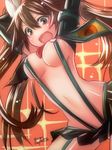  breasts brown_eyes brown_hair cosplay elbow_gloves from_below gloves green_eyes hair_between_eyes hair_ribbon kantai_collection kill_la_kill living_clothes long_hair looking_at_viewer matoi_ryuuko matoi_ryuuko_(cosplay) medium_breasts microskirt midriff navel open_mouth revealing_clothes ribbon skirt solo sparkle suspenders tone_(kantai_collection) twintails underboob white_ribbon yumi_yumi 