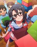  apron artist_request black_hair brown_hair building_block bunny child glasses green_eyes grin idolmaster idolmaster_million_live! kindergarten kindergarten_teacher kindergarten_uniform name_tag official_art red_eyes smile solo_focus takayama_sayoko 