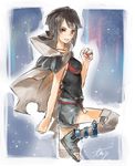  black_hair cape higana_(pokemon) highres poke_ball pokemon pokemon_(game) pokemon_oras red_eyes short_shorts shorts solo tugo 