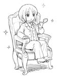  :&gt; blush chair collared_shirt formal full_body greyscale hana-kagume kakura_kurumi monochrome necktie pipe saki shirt shoes short_hair simple_background sitting smile solo sparkle suit white_background 