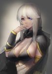  ashe_(league_of_legends) blue_eyes breasts cleavage highres large_breasts league_of_legends long_hair looking_at_viewer pandea_work silver_hair solo upper_body 