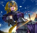  armor armored_dress blonde_hair braid breasts capelet fate/apocrypha fate_(series) gauntlets headpiece hotori_(sion) jeanne_d'arc_(fate) jeanne_d'arc_(fate)_(all) long_hair looking_at_viewer medium_breasts outstretched_hand pov purple_eyes single_braid solo 