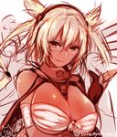  blonde_hair breasts dark_skin dated glasses highres kantai_collection large_breasts musashi_(kantai_collection) orange_eyes pointy_hair sarashi sketch solo sukemyon twitter_username two_side_up upper_body 