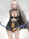 arms_behind_back ashe_(league_of_legends) blue_eyes bow_(weapon) breasts cleavage highres large_breasts league_of_legends long_hair looking_at_viewer pandea_work silver_hair smile solo thighs very_long_hair weapon 