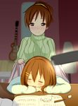  blush brown_eyes brown_hair closed_eyes covering_with_blanket desk_lamp guitar hirasawa_ui hirasawa_yui instrument k-on! lamp multiple_girls ponytail ribbed_sweater short_hair siblings sisters sleeping sweater tateshina turtleneck 