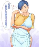  apron aratama_(a-tama) blouse blue_eyes blue_hair breasts heart huge_breasts mature one_eye_closed original short_hair smile solo translation_request 