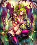  breasts choker gauntlets green_hair horns jewelry kara_(color) large_breasts long_hair looking_at_viewer navel necklace pink_eyes pink_legwear ring shingoku_no_valhalla_gate solo thighhighs wings 