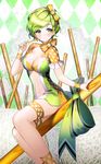  aile_(crossroads) ankle_lace-up argyle argyle_background blush bow breasts cleavage cross-laced_footwear green_eyes green_hair green_nails hair_bow large_breasts nail_polish navel original pretz short_hair sitting solo thigh_strap wrist_cuffs 