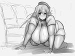  1girl all_fours atago_(kantai_collection) breasts huge_breasts kantai_collection monochrome obese plump sweat tensai427 thighhighs 