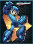  90s android arm_cannon blue_eyes border brolo copyright_name helmet male_focus open_mouth rockman rockman_(character) rockman_(classic) solo weapon 