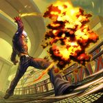 attack belt_buckle brolo buckle dark_skin dark_skinned_male explosion fire foreshortening gloves highres jacket jewelry k' male_focus motion_blur necklace open_clothes open_jacket pants pectorals pyrokinesis shirtless solo sunglasses the_king_of_fighters the_king_of_fighters_xiii white_hair 