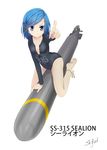  anklet barefoot blue_eyes blue_hair character_name full_body jewelry kantai_collection kneeling leotard original pointing riding short_hair simple_background skyrail solo torpedo us_navy uss_sealion_(ss-315) white_background 