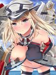  :t alternate_eye_color bare_shoulders bismarck_(kantai_collection) black_eyes blonde_hair blush cloud collarbone covering covering_breasts cowboy_shot day detached_sleeves grey_legwear hat horizon kantai_collection leaning_forward long_hair machinery meropan navel ocean peaked_cap pout sky solo tears thighhighs torn_clothes torn_legwear 