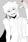  akariya_kuubu blood fangs greyscale japanese_clothes male_focus monochrome open_clothes open_mouth red_eyes smile solo toono_shiki_(2) tsukihime 