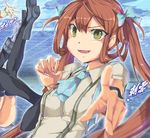  asagumo_(kantai_collection) ascot bad_id bad_pixiv_id black_legwear blurry blush bow brown_hair character_name collared_shirt depth_of_field gloves green_eyes hair_bow hand_on_leg highres kantai_collection long_hair multiple_girls nowaki_(kantai_collection) open_mouth outline pointing prinz_eugen_(kantai_collection) satou_daiji shirt short_sleeves solo_focus suspenders thighhighs twintails uneven_eyes white_gloves 