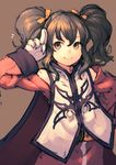  anise_tatlin black_hair bow brown_eyes brown_hair gloves hair_ribbon highres junwool long_hair ribbon simple_background sketch smile solo tales_of_(series) tales_of_the_abyss twintails white_gloves yellow_bow 