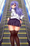  ass bad_id bad_pixiv_id blush escalator from_behind hair_over_one_eye long_hair looking_at_viewer looking_back neri_sachiko original purple_eyes purple_hair school_uniform skirt smile solo thighhighs 