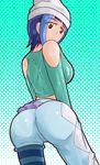  ahoge ass asymmetrical_clothes bangs bare_shoulders belt blue_hair blue_legwear breasts capri_pants commentary crop_top earrings flipped_hair hat highres jewelry large_breasts lipstick long_sleeves makeup mashiro_mizuki midriff multicolored_hair navel pants pantyhose purple_lipstick red_eyes shirt short_hair single_pantsleg smile solo striped striped_legwear tekkou_bondo tribe_cool_crew two-tone_hair 