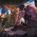  2boys bandana baseball_cap black_gloves boots breasts brolo clark_still cleavage collarbone combat_boots explosive field_radio fingerless_gloves gloves grenade hat leona_heidern load_bearing_vest manly map medium_breasts military multiple_boys muscle one_knee ralf_jones shirtless sitting sports_bra sunglasses the_king_of_fighters the_king_of_fighters_xiii toned 