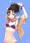  aqua_eyes arms_up bikini black_hair breasts eyewear_on_head glasses navel original salmon88 small_breasts smile solo swimsuit wet 