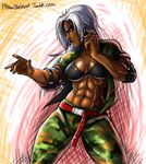  abs belt black_bra bra breasts camouflage cleavage dark_skin elbow_pads eyebrows fighting_stance joe_shimamura large_breasts lips long_hair midriff muscle muscular_female navel nose open_clothes open_shirt shiny shiny_skin shirt silver_hair sleeves_rolled_up solo thick_thighs thighs underwear vanessa_lewis very_dark_skin virtua_fighter 