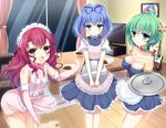  atori_eri bad_id bad_pixiv_id blue_eyes blue_hair blush braid breasts cleavage green_hair kurimu_(yappen) large_breasts leaning_forward long_hair looking_at_viewer maid multiple_girls open_mouth original sakurai_hirari short_hair single_braid skirt smile v_arms yappen 