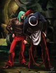  aqua_hair crescent crossover faceoff hand_on_hip jacket jewelry leather leather_jacket leather_pants long_hair multiple_boys omega_symbol pants red_hair red_pants remy_(street_fighter) ring savagejase street_fighter street_fighter_iii_(series) the_king_of_fighters thumb_ring yagami_iori 