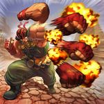  afterimage bandana bared_teeth boots brolo combat_boots explosion explosive fingerless_gloves gloves grenade load_bearing_vest male_focus military muscle punching ralf_jones shirtless solo the_king_of_fighters 