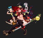  &gt;_&lt; :3 :o :q animal arms_up bad_id bad_pixiv_id black_background black_footwear black_legwear boots breasts cape cat chestnut_mouth closed_eyes dungeon_and_fighter full_body ghost glowing happening18 hat jack-o'-lantern lantern looking_at_viewer mage_(dungeon_and_fighter) medium_breasts multiple_girls nipples object_riding open_mouth outstretched_arms paws pointy_ears simple_background thighhighs tongue tongue_out vest whiskers wince witch witch_hat 