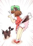  animal_ears bloomers brown_hair cat cat_ears cat_tail chen dress ear_piercing hat jewelry kaenbyou_rin kaenbyou_rin_(cat) mob_cap multiple_tails nekomata panties pantyshot pantyshot_(standing) piercing pila-pela red_dress shirt single_earring skirt skirt_set solo standing tail touhou translation_request underwear upskirt vest 