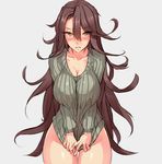  bad_id bad_tumblr_id blush breasts brown_eyes brown_hair cleavage clothes_tug embarrassed gundam gundam_00 highres large_breasts long_hair looking_at_viewer messy_hair naked_sweater noccu ribbed_sweater solo sumeragi_lee_noriega sweater sweater_tug thigh_gap thighs very_long_hair 
