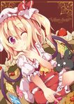  ;) animal blonde_hair blush cake character_name flandre_scarlet food fork fruit hat kan_lee looking_at_viewer o_o one_eye_closed purple_eyes red_skirt short_hair side_ponytail skirt smile solo strawberry touhou wings 