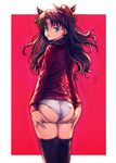  :p ass black_hair black_legwear blue_eyes boyaking fate/stay_night fate_(series) hair_ribbon hands_on_ass long_hair long_sleeves looking_at_viewer looking_back no_pants panties ribbon solo thighhighs tongue tongue_out toosaka_rin two_side_up underwear white_panties 