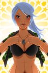  abs backlighting black_bra blush bra breasts camouflage cleavage collarbone cropped_jacket dark_skin dog_tags eyelashes jacket large_breasts lips long_hair midriff navel nose open_clothes open_jacket red_eyes setsuna22 silver_hair slender_waist solo underwear vanessa_lewis virtua_fighter 