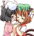  animal_ears black_hair blush brown_hair bunny_ears cat_ears cat_tail chen closed_eyes dress ear_piercing food hat holding_hands inaba_tewi interlocked_fingers jewelry mob_cap mouth_hold multiple_girls multiple_tails nekomata piercing pila-pela pink_dress pocky pocky_kiss puffy_short_sleeves puffy_sleeves red_dress red_eyes shared_food short_sleeves single_earring tail touhou 