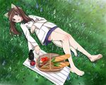  alcohol animal_ears apple barefoot blue_eyes blush bottle brave_witches bread brown_hair celery cheese cup drinking_glass dutch_angle feet flower food from_above fruit full_body georgette_lemare grass hair_ribbon kaneko_(novram58) long_hair looking_at_viewer lying military military_uniform on_back open_mouth picnic picnic_basket ribbon smile solo tail twintails uniform wine wine_bottle wine_glass world_witches_series 