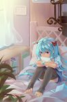  ahoge aqua_hair barefoot bed blue_eyes curtains feet hair_ribbon highres indoors long_hair notebook original pillow ribbon sitting skirt solo srx61800 thighhighs toeless_legwear toenail_polish toes very_long_hair window 